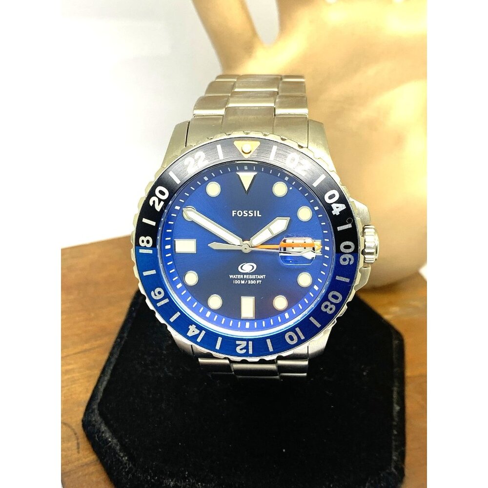 Fossil Men's Watch FS5991 GMT Quartz Blue Dial Silver Stainless Steel 46mm